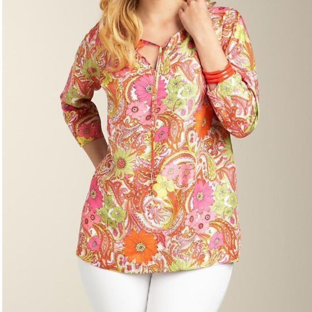 Talbots 100% Silk Floral Paisley Tunic Blouse Pink Flambe-Paisley Sz SP Petite
